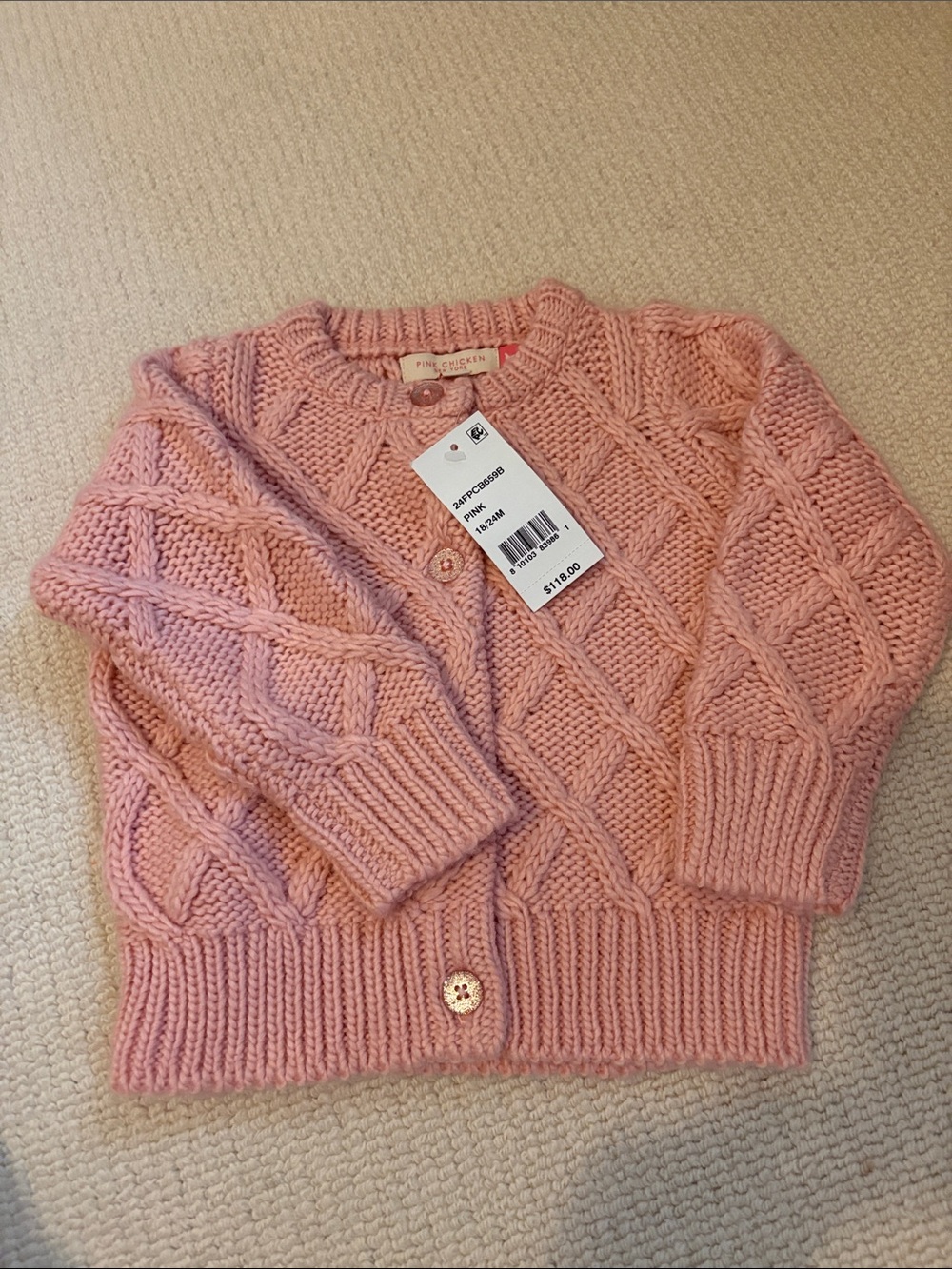 Pink chicken Cable-Knit Button-Front Kids Cardigan 18/24 months